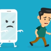 Angry scary smartphone run for young man. Vector modern flat style cartoon creative character illustration icon.
