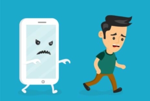 Angry scary smartphone run for young man. Vector modern flat style cartoon creative character illustration icon.
