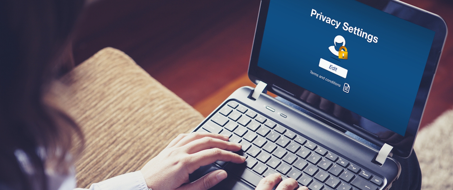 Image of a woman typing on her laptop. The laptop's display says "Privacy Settings" and has an icon of woman with a lock over the icon and underneath there is and "Edit" button and "Terms and conditions" icon.